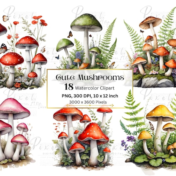 Clipart champignon aquarelle, fichier PNG groupe de champignons mignons avec la nature de la forêt, utilisation commerciale des cliparts numériques, téléchargement numérique.