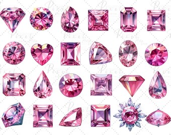 May include: A set of 18 pink gemstone illustrations, each with a unique shape and cut. The gemstones are drawn in a realistic style with intricate details.