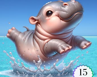 Watercolor Baby Hippo Clipart, Cartoon PNGs (Digital Download)