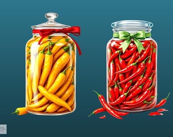 Peut inclure: Deux bocaux en verre remplis de piments rouges et jaunes. Les bocaux sont attachés avec des rubans rouges et verts.