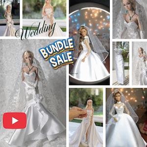 May include: A collage of images showcasing various white wedding dresses on dolls. The dresses feature different styles, including mermaid, ballgown, and sheath silhouettes. The text "Wedding" and "Bundle Sale" are also visible.