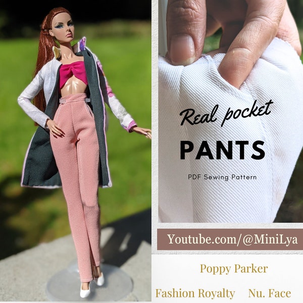 Pants with pockets PDF sewing pattern Fashion Royalty/Nu.Face/ integrity toys/ Poppy Parker 12.5" doll trousers, youtube video tutorial
