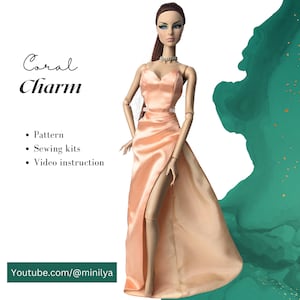 May include: A peach-colored satin gown with a high slit and a sweetheart neckline. The gown is being worn by a fashion doll with red hair and green eyeshadow. The text "Coral Charm" is at the top of the image. The text "Youtube.com/@minilya" is at the bottom of the image.