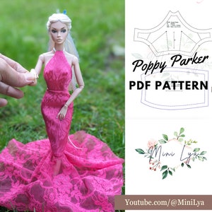 Poppy Parker PDF sewing pattern Fashion Royalty Integrity toys Nu face 12.5&quot; fashion doll mermaid dress halter neck lace gown