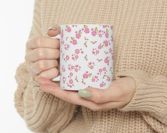 Pink Rose Floral Design Mug, Dainty Pink Rose Vine Pattern Mug, Cute Floral Rose Mug, Coquette Pink Rose Mug