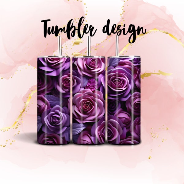 3D Purple Roses 20oz Sublimation Tumbler Designs, 9.25 x 8.3” Straight Skinny Tumbler Wrap PNG