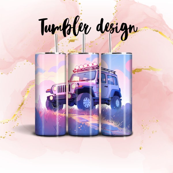 Pink and purple girly off-road truck 20oz Sublimation Tumbler Designs, 9.25 x 8.3” Straight Skinny Tumbler Wrap PNG