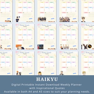 Könnte beinhalten: Ein Satz druckbarer Wochenplaner-Seiten mit Charakteren aus der Anime-Serie Haikyu! Die Seiten sind mit einem hellgelben Hintergrund und pastellfarbenen rosa, blauen und grünen Akzenten gestaltet. Jede Seite hat einen Wochenplaner mit Platz für Notizen und inspirierende Zitate. Der Text "HAIKYU!" ist in großen, fetten Buchstaben am unteren Rand des Bildes gedruckt.