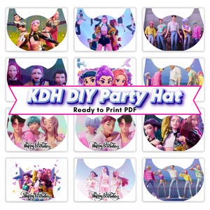 Puede incluir: Una colección de diseños de sombreros de fiesta imprimibles con ilustraciones coloridas de personajes animados. Los sombreros muestran el texto "KDH DIY Party Hat" y "Happy Birthday". El formato es PDF listo para imprimir.
