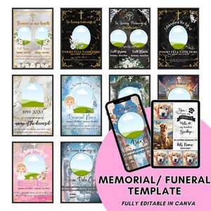 64 plantillas de Canva para funerales conmemorativos / Programa de obituario editable para bebés, mascotas y seres queridos / Arrastra y suelta, revende o usa para uso personal / Reutilizable