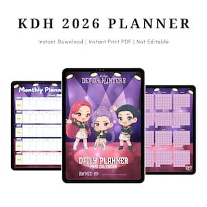 Könnte beinhalten: Digitaler Planer mit dem Text "KDH 2026 PLANNER". Der Planer zeigt einen lila Hintergrund mit Cartoon-Charakteren und den Worten "K-Pop Demon Hunters". Zusätzliche Bildschirme zeigen monatliche und tägliche Planungsseiten.