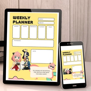 Könnte beinhalten: Ein gelber und weißer Wochenplaner mit einer farbenfrohen Anime-Illustration. Der Planer hat Abschnitte für Montag bis Freitag und einen Abschnitt für das Wochenende. Der Text "IN A WORLD OF DECEPTION, THE TRUTH IS THE MOST VALUABLE ASSET." ist auf dem Planer gedruckt.