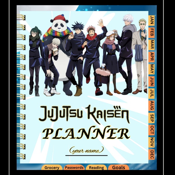 53Pages Jujutsu Kaisen Customizable Digital Printable Undated Anime Planner with Quotes and Clickable Tabs for Easy Navigation Between Pages