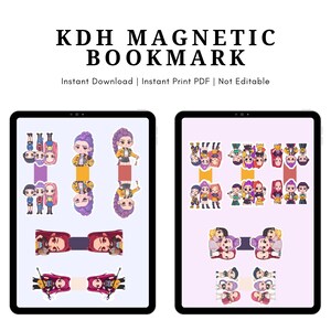 May include: Two digital tablets displaying KDH Magnetic Bookmarks. The bookmarks feature colorful illustrations of anime-style characters. The text "KDH MAGNETIC BOOKMARK" is at the top, with "Instant Download | Instant Print PDF | Not Editable" below.