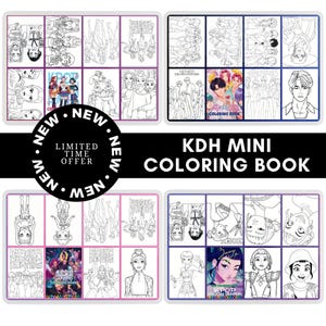 May include: Four KDH Mini Coloring Books are displayed, each with a different cover design. The covers feature black and white illustrations and colorful images. The text "NEW" and "LIMITED TIME OFFER" are also visible.