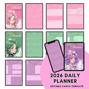 May include: A collection of digital daily planners with illustrated anime-style portraits. The planners feature pink, green, and purple color schemes, with calendar and planning pages. The text "2026 Daily Planner" is displayed.