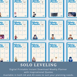 Könnte beinhalten: Ein Satz druckbarer Wochenplaner mit Anime-Charakteren aus der Serie "Solo Leveling". Jeder Planer zeigt einen anderen Charakter und ein inspirierendes Zitat. Die Planer sind in den Formaten A4 und A5 erhältlich.