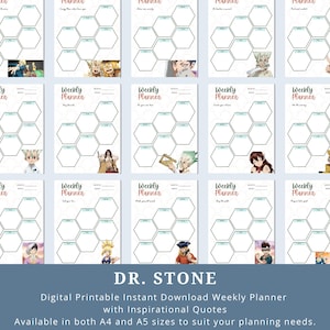Könnte beinhalten: Ein Satz druckbarer Wochenplaner mit Charakteren aus dem Anime Dr. Stone. Jeder Planer hat ein sechseckiges Gitterlayout mit Platz für tägliche Aufgaben und Notizen. Die Planer sind in den Größen A4 und A5 erhältlich.