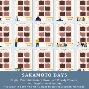 Könnte beinhalten: Ein Satz druckbarer Wochenplaner mit verschiedenen Anime-Charakteren aus der Serie "Sakamoto Days". Jeder Planer hat ein anderes inspirierendes Zitat und ist in den Größen A4 und A5 erhältlich.