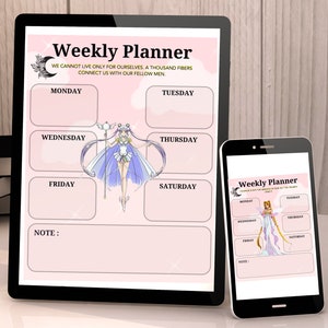 Könnte beinhalten: Ein rosa-weißer Wochenplaner mit einem Cartoon-Bild einer Frau in einem blauen Kleid und einer Krone. Der Planer hat Platz für jeden Tag der Woche und einen Notizbereich. Der Text auf dem Planer lautet "Wochenplaner" und "Wir können nicht nur für uns selbst leben. Tausend Fäden verbinden uns mit unseren Mitmenschen."