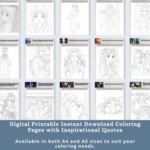 Anime Coloring Book for Adults & Teens | Printable Digital Download | Cute Pages | A4 and A5 Sizes | Fun Relaxing Art Activity with Quotes