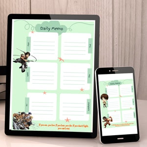 Könnte beinhalten: Ein grüner und weißer Tagesplaner mit einem Zitat aus dem Anime Attack on Titan. Der Planer hat Platz für jeden Tag der Woche und einen Abschnitt für das Wochenende. Das Zitat lautet: "Wenn du gewinnst, lebst du. Wenn du verlierst, stirbst du. Wenn du nicht kämpfst, kannst du nicht gewinnen!"