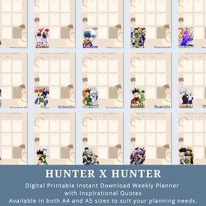 Könnte beinhalten: Ein Satz druckbarer Wochenplaner mit Charakteren aus dem Anime Hunter x Hunter. Jeder Planer zeigt einen anderen Charakter oder eine andere Gruppe von Charakteren aus der Serie, darunter Gon, Killua, Kurapika und Leorio. Die Planer sind in den Größen A4 und A5 erhältlich.