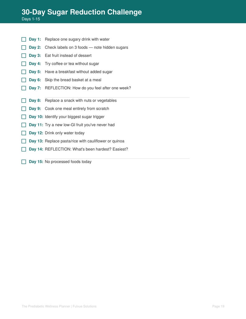 Puede incluir: Una p&aacute;gina verde y blanca titulada "Desaf&iacute;o de reducci&oacute;n de az&uacute;car de 30 d&iacute;as" con una lista de tareas diarias para los d&iacute;as 1-15. Las tareas incluyen reemplazar las bebidas azucaradas con agua, comer fruta en lugar de postre.