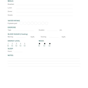 Puede incluir: Un rastreador diario blanco con un encabezado verde azulado. El rastreador incluye secciones para comidas, ingesta de agua, ejercicio, az&uacute;car en sangre, nivel de energ&iacute;a, estado de &aacute;nimo, sue&ntilde;o y notas. El texto "Daily Tracker" est&aacute; en la parte superior.