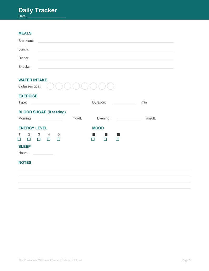 Puede incluir: Un rastreador diario blanco con un encabezado verde azulado. El rastreador incluye secciones para comidas, ingesta de agua, ejercicio, az&uacute;car en sangre, nivel de energ&iacute;a, estado de &aacute;nimo, sue&ntilde;o y notas. El texto "Daily Tracker" est&aacute; en la parte superior.
