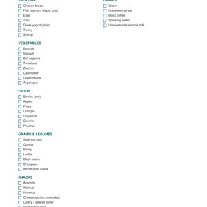 Puede incluir: Documento blanco con encabezado turquesa, titulado "Low-GI Grocery List". Enumera alimentos de bajo &iacute;ndice gluc&eacute;mico, clasificados en Prote&iacute;nas, Verduras, Frutas, Granos y Legumbres, Snacks y Bebidas. Cada alimento tiene una casilla de verificaci&oacute;n.