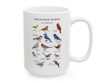 May include: White ceramic mug featuring a detailed illustration of various North American backyard birds, including a goldfinch, blue jay, and cardinal. The mug has the text "BACKYARD BIRDS OF AMERICA".