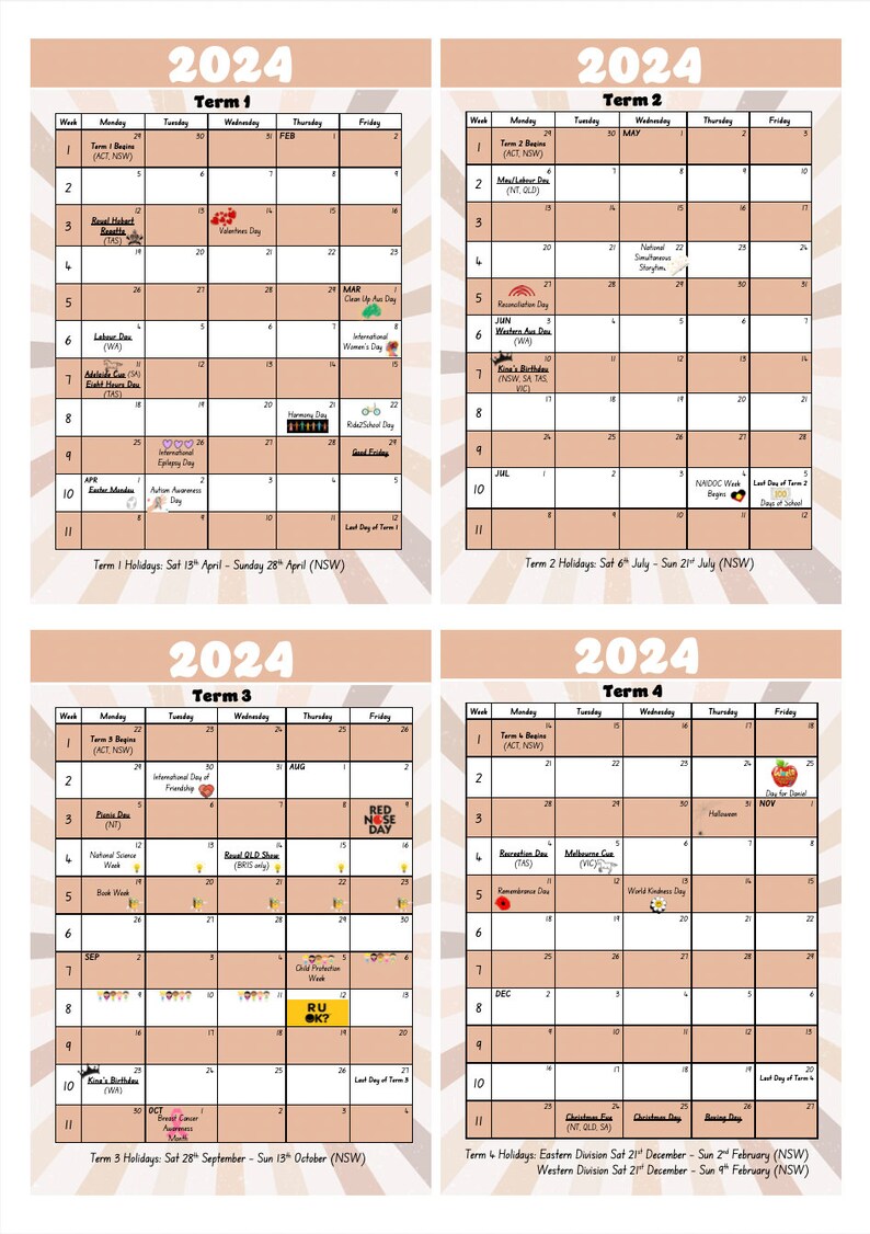 PRINTABLE 2024 NSW School Calendar Whole Year Public Holidays Key