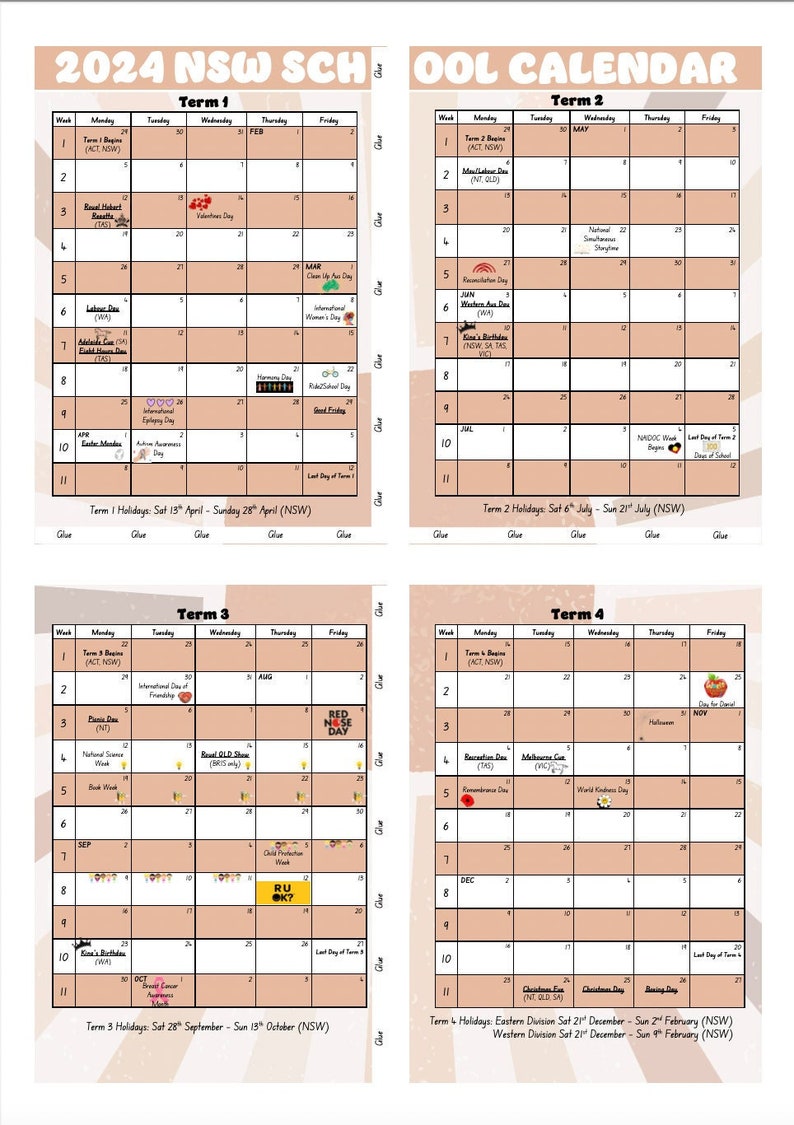 PRINTABLE 2024 NSW School Calendar Whole Year Public Holidays Key