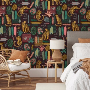 Carta da parati con foglie tropicali esotiche di leopardi della giungla, murale staccabile e attaccabile con design Flat Art, decorazione murale vibrante, arte murale rimovibile, tema giungla