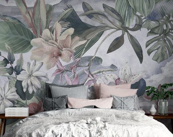 Soft Cool Toned Tropical Florals Wallpaper, Large Tropical Leaves And Flowers Peel & Stick Wall Mural, Self Adhesive Wall Decor