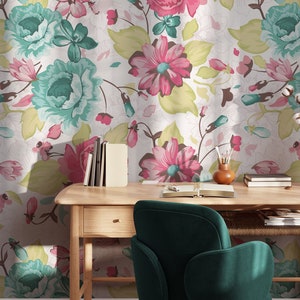 Papier peint floral abstrait turquoise et rose, décoration murale florale botanique colorée et autocollante, décoration intérieure auto-adhésive vibrante