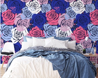 Buntes abstraktes Rosenmuster zum Abziehen und Aufkleben, lebhaftes blaues und rosa Blumenwandbild, elegante Wohnzimmerwandkunst