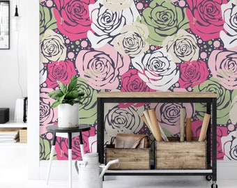 Abstract Roses Pattern Peel & Stick Wallpaper, Colorful Floral Pink And Green Wall Mural, Vibrant Self Adhesive Wall Decor