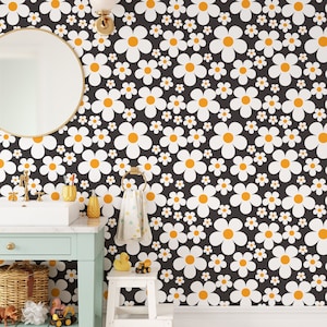 Carta da parati staccabile e adesiva Groovy Daisies, murale con motivo allegro a margherita, arte murale floreale in bianco e nero con accenti gialli