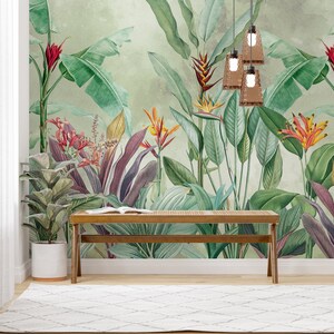 Große Vintage Bunte Botanische Pflanzen Tapete, Tropische Blätter und Pflanzen zum Abziehen und Aufkleben, Wandbild, Selbstklebende Wanddekoration