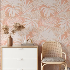 Große Pfirsich Palmenblatt Silhouette Tapete zum Abziehen und Aufkleben, Wandbild mit Tropischen Blättern, selbstklebendes, elegantes Wohndekor