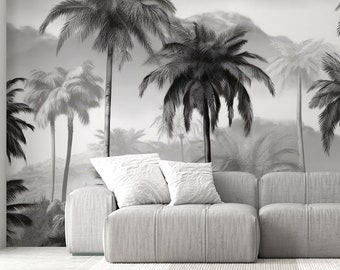 Black And White Palm Trees Illustration Wallpaper, Tropical Black Trees Peel & Stick Wall Mural, Self Adhesive Tree Wall Decor