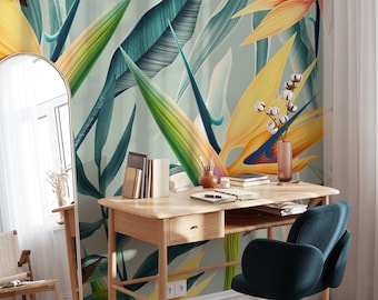 Tropical Minty Birds Of Paradise Flowers Peel & Stick Wallpaper, Colorful Exotic Leaves Wall Mural, Vibrant Modern Home Decor