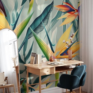 Carta da parati adesiva con fiori tropicali di uccelli del paradiso, menta, foglie esotiche colorate, decorazione moderna e vibrante per la casa