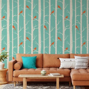 Abstrakte verschneite Bäume und Vögel Schälen & Aufkleben Tapete, Birkenwald Wandbild, Vogel Wandkunst, Abnehmbare Tapete, Wohnkultur, Wandbehang
