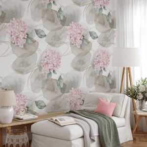 Selbstklebende Tapete mit zartrosa Blumen in Aquarellfarben, elegante pastellrosa Hortensien Wandbild, florales Wohndekor
