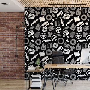 Carta da parati staccabile e adesiva con attrezzi da meccanico, murale con motivo automobilistico, decorazione per parti di veicoli, arte murale per garage, decorazione fai da te per la stanza