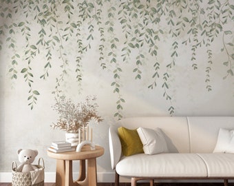 Romantic Hanging Vines Illustration Wallpaper, Soft Backdrop With Leaves Peel & Stick Wall Mural, Self Adhesive Wall Decor