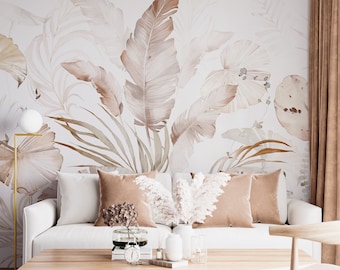 Soft Beige Aesthetic Leaves Wallpaper, Watercolor Effect Natural Leaves Peel & Stick Wall Mural, Self Adhesive Wall Decor